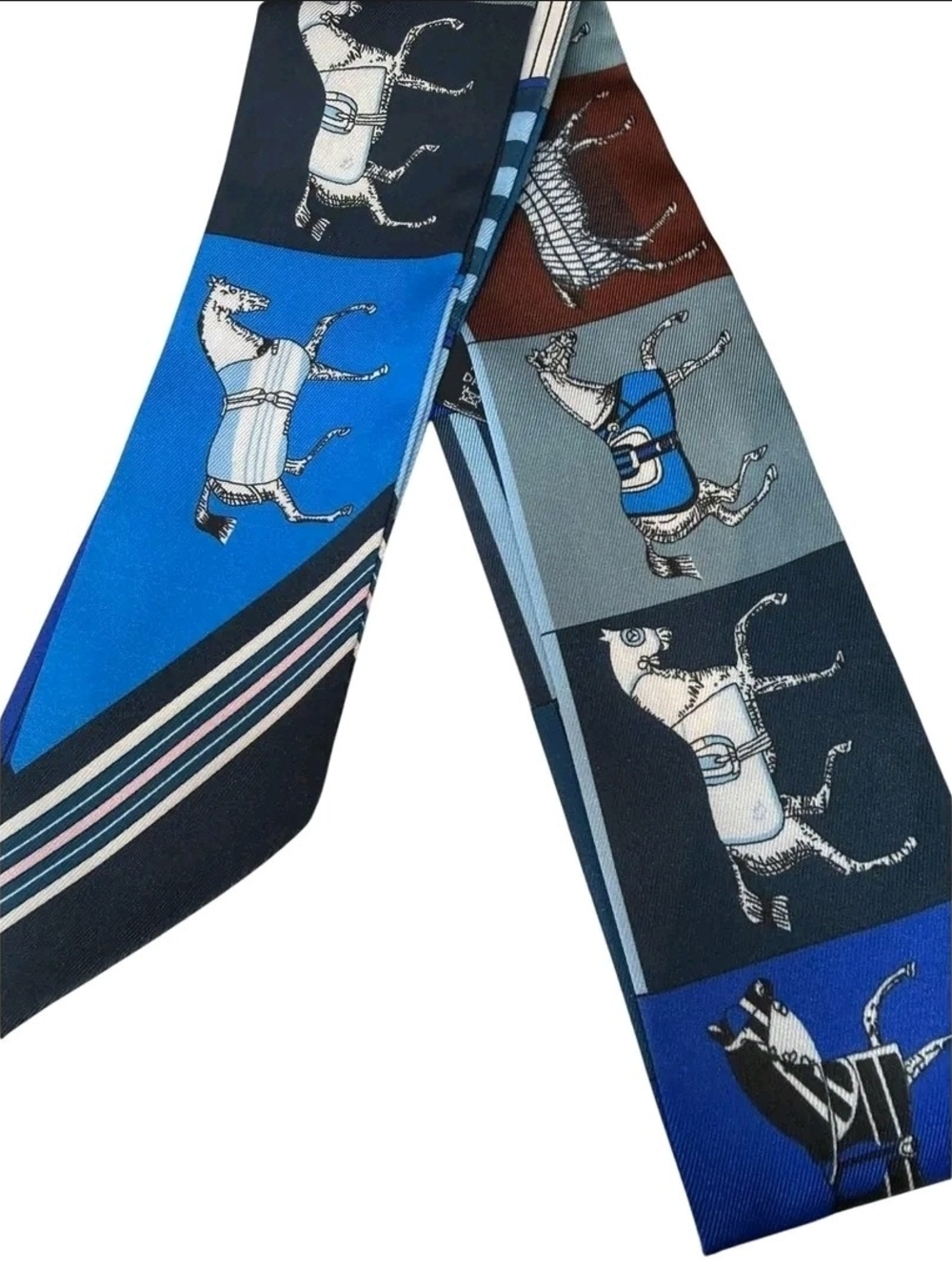 Blue Multi-Panel Silky Tie with Equestrian Motif